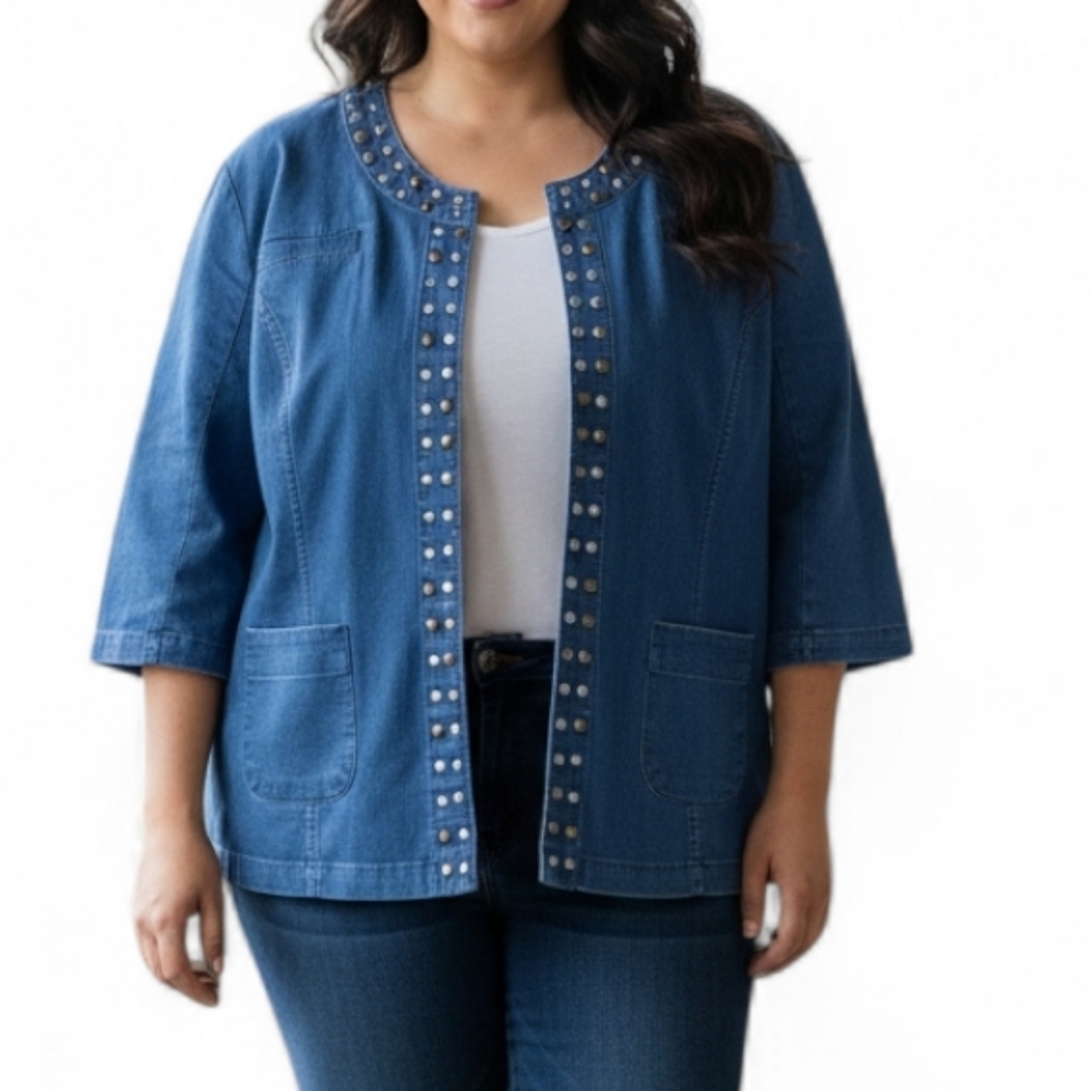 AMX Vintage Denim Jacket Plus Size 3X Studded Rhinestone Boho Shacket Blue Coat